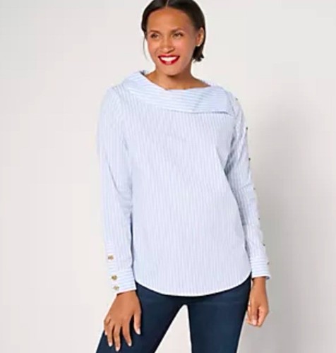Denim & Co. Heritage Yarn Dye Button Shoulder Top Blue Haze L A669937