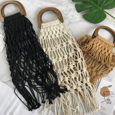 Damen Gehäkelte Baumwolle Tasche Hohl Stroh Handtasche Fransen Strand Totes Netz