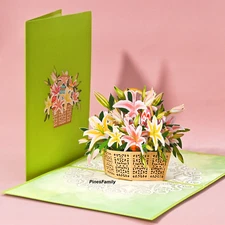 G20-3D Pop Up Card with Lily Basket | Birthdays, Valentine's Day, Mother's Day,
