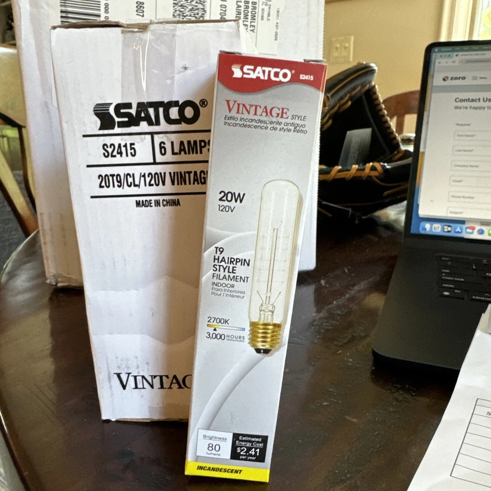 TEN Satco S2415 20W 120V Vintage Filament Clear Tubular Bulb T9 Medium E26 Base - Image 3 of 3