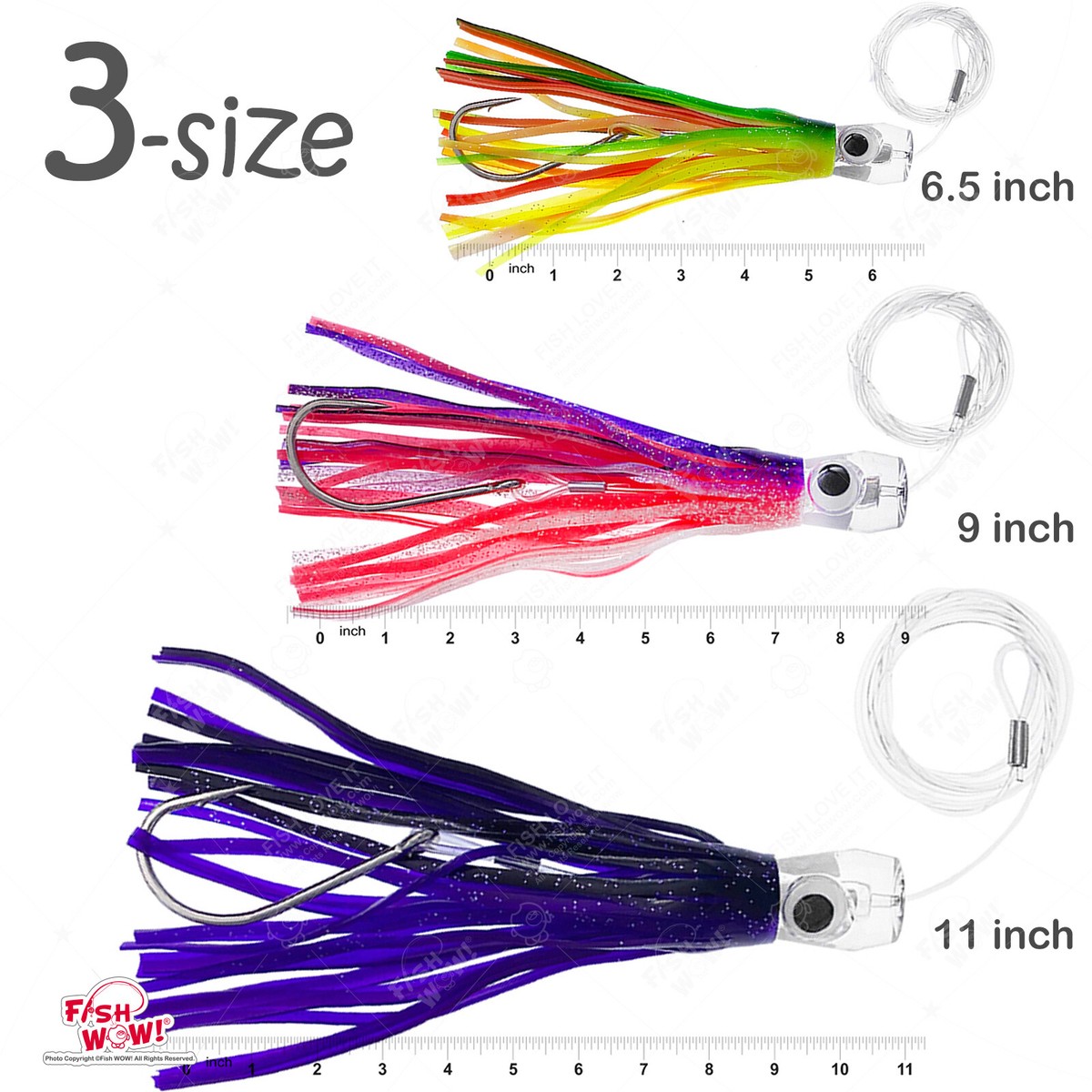 3pcs 6.5" 9" 11" Fishing cup Trolling Marlin skirt rigged with Resin Head 3-size 3pcs 6.5" 9" 11" Fishing cup Trolling Marlin skirt rigged with Resin Head 3-size