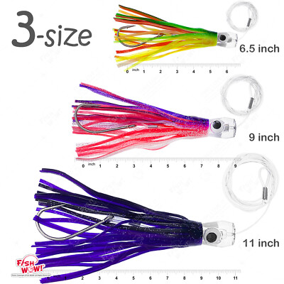 3pcs 6.5'' 9'' 11'' Fishing cup Trolling Marlin skirt rigged with Resin Head 3-size