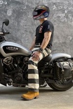 BOB DONG Retro Prisoner Striped Motorcycle Pants Men Casual Biker Trousers Thick