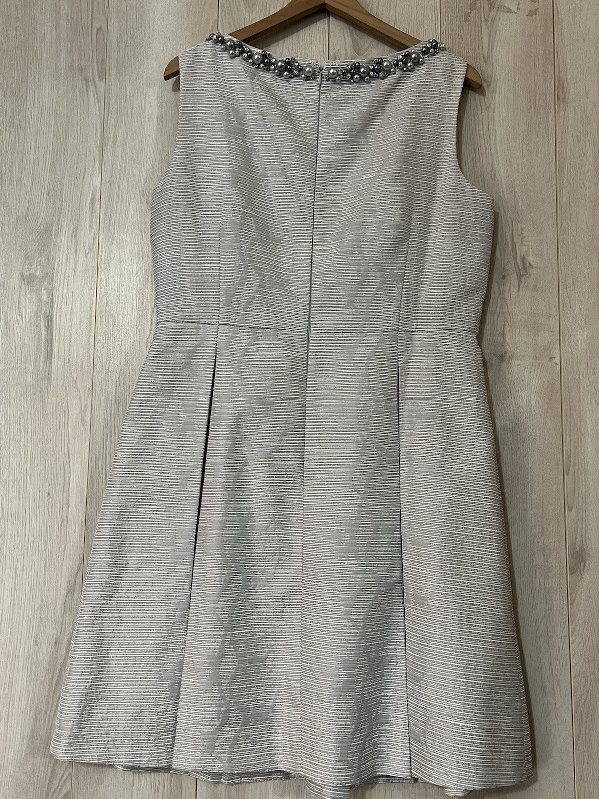 Tahari Light Gray Metallic Sleeveless Pearl Beaded Neck Fit & Flare Dress Sz 12