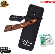 WOODEN BARBERS CUT THROAT RAZOR SET COMPLETE WITH 10 BLADES AND POUCH