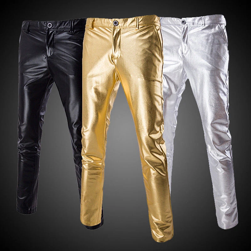 Pantalones de motociclista de cuero sintético para hombres Pantalones de escenario de aspecto húmedo Metálicos Brillantes Ajustados Moda Foto 3 de 4
