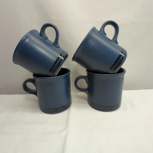 Pfaltzgraff Vintage Morning Light Coffee Cups Cobalt Blue Black Bands Set Of 4