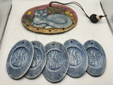Chime Tree Wind Chime Blue Kitty Cat Laying in Flowers Chilling Cat Ceramic