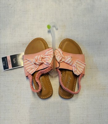 West Loop Girls Pink White Brown Striped Bow Sandals Slip-On Round Toe Size 13.5