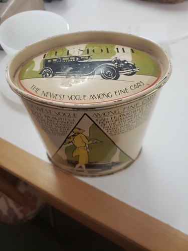 Antique 1920s Hudson Hupmobile Automobile Advertising Tin Art Deco w Orig. Lid