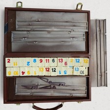 Vintage Cardinal Rummy-O Tile Game Set Brown Leatherette Carrying Case Racks