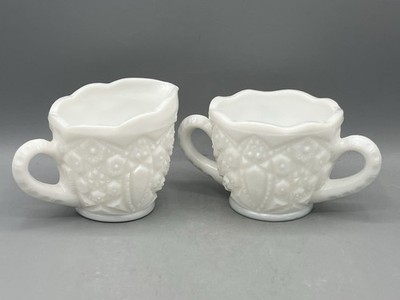 Vintage McKee Toltec Pattern Deep Cut Milk Glass Sugar and Creamer