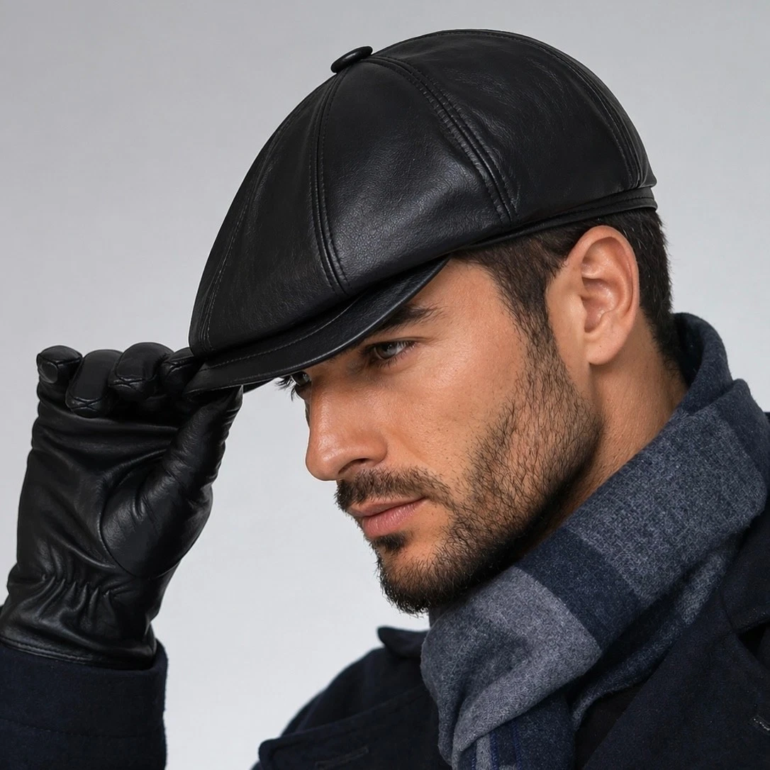 Mens Black Genuine Leather Newsboy Cap Vintage Cabbie Ivy 8 Panel Gatsby Hat
