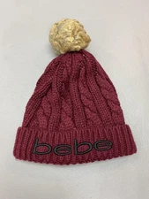 Bebe Beanie Hat Womens One Size Burgundy Cable Knit Faux Fur Pom Logo Winter