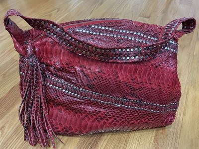 Carlos Falchi Women s Red/Black Leather Shoulder Bag With Metal Accents