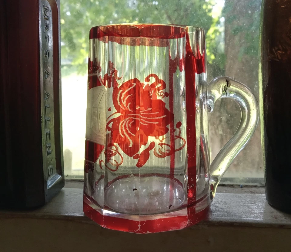 1880s RUBY STAINED CUT TO CLEAR CILLEN SOUVENIR GLASS MUG WHEEL CUT ENGRAVED - Image 3 of 4