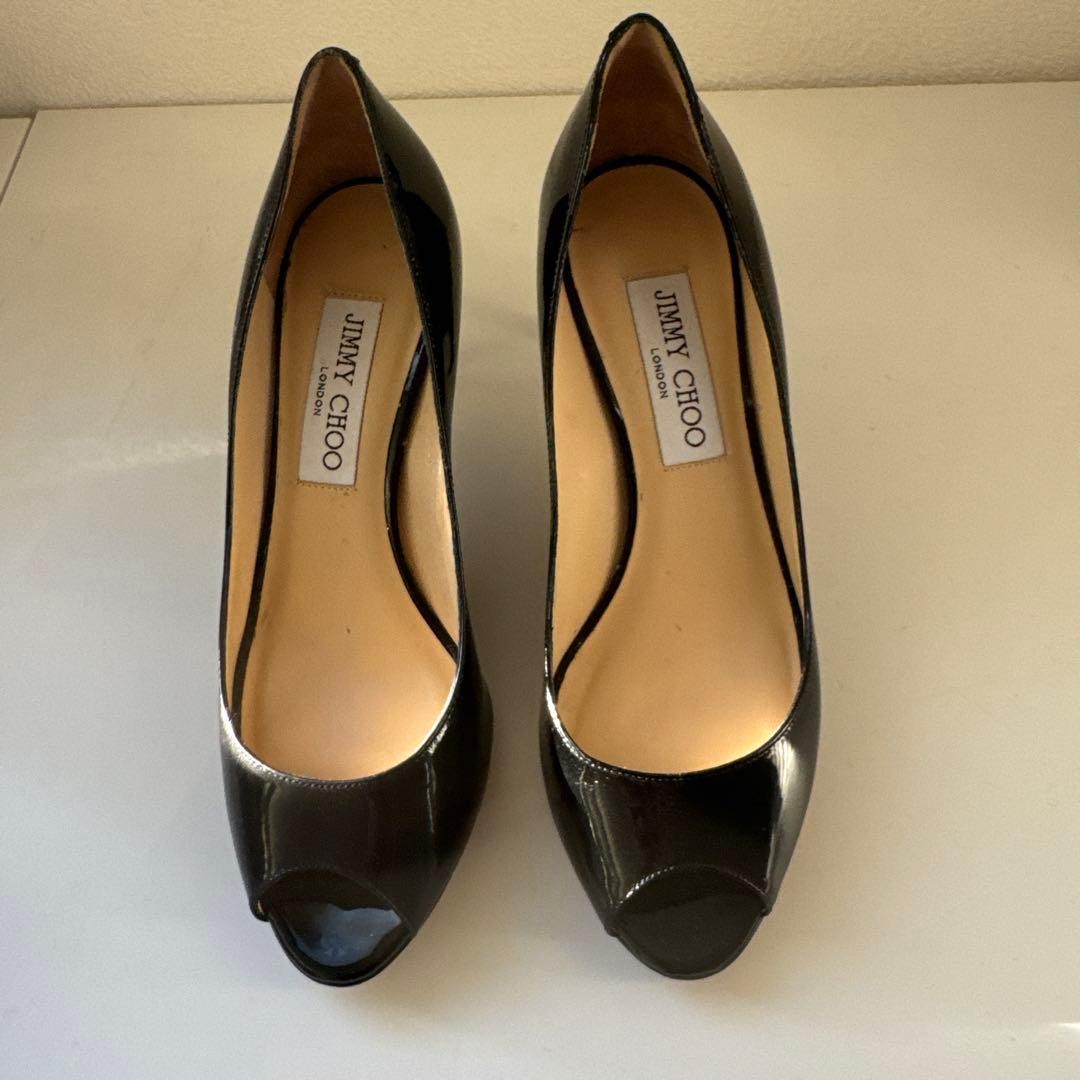 Rare Jimmy Choo Black Patent Open Toe Mid Heel Pumps Size 35.5 US 5.5