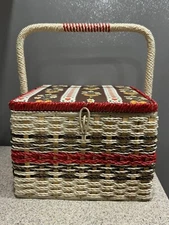 Vintage Singer Woven Wicker Sewing Basket Box Satin Lining Handle Made Japan VGC
