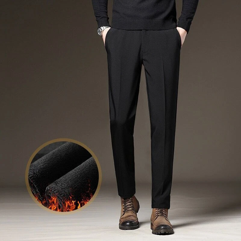 Winter Fleece Suit Pants Men Warm Formal Elastic Waist Thick Slim Trousers Male