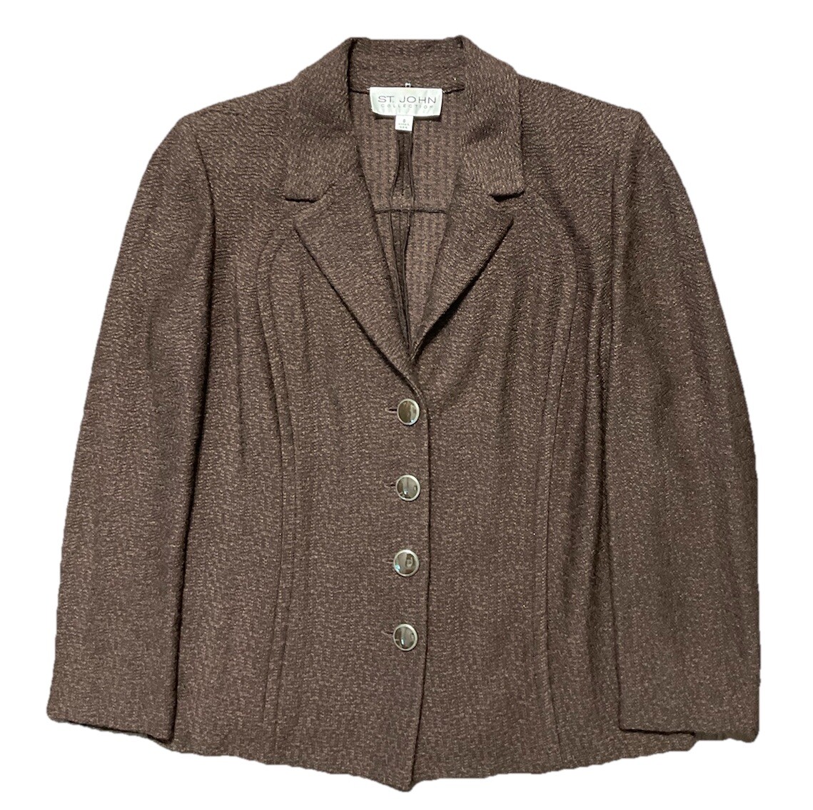 Vintage St John Collection Knit Blazer 80s Jacket Sz 8 Shoulder Pads Brown