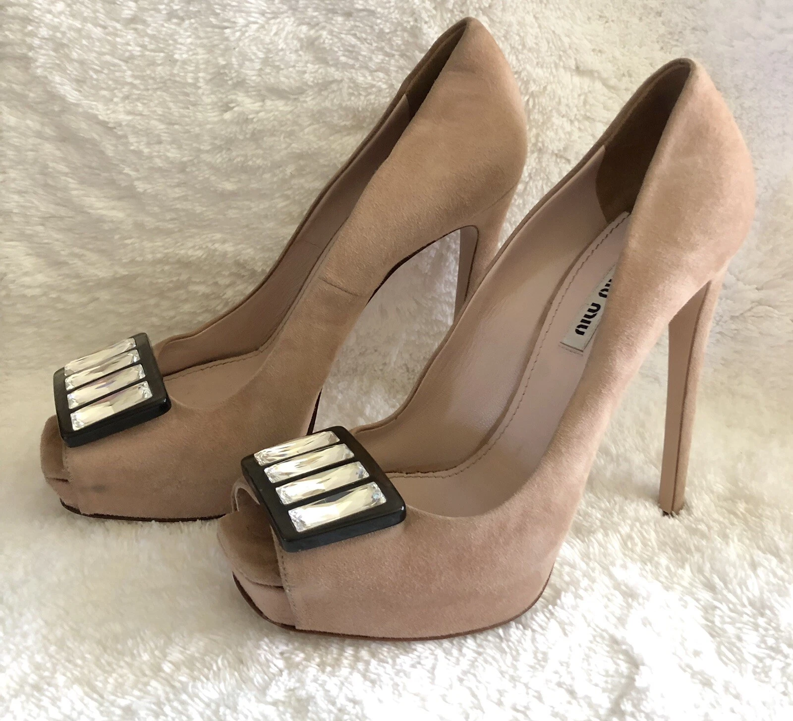 Miu Miu Prada blush nudo pelle scamosciata cristallo punta aperta tacchi a stiletto taglia 39