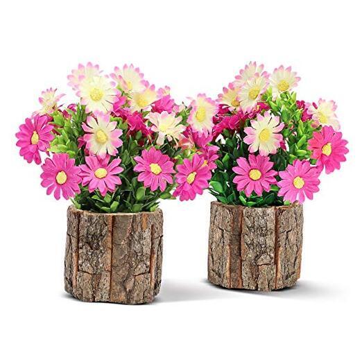Artificial Flowers Fake Daisy for Decoration, Small Potted Plants in Log Pink