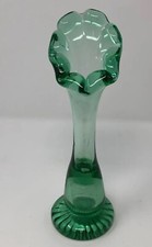 Hand Blown Green Glass Bud Vase with Ruffled Top  Thick Ribbed Base