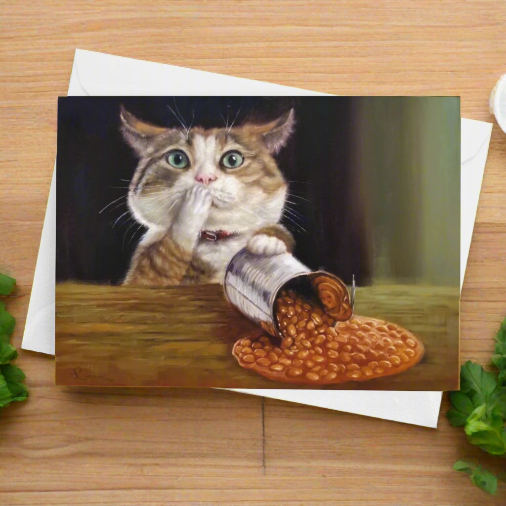 Funny Cat Birthday Greeting Card Spilt the Beans by Lucia Heffernan Art Humorous