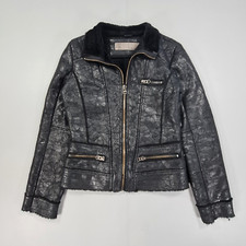 ZARA Damen Jacke schwarz klein Kunstleder durchgehender Reißverschluss Biker Fellfutter