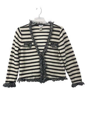 Cache Cardigan Sweater Women’s XL Blk Striped Knit Metallic Gold Fringe  White