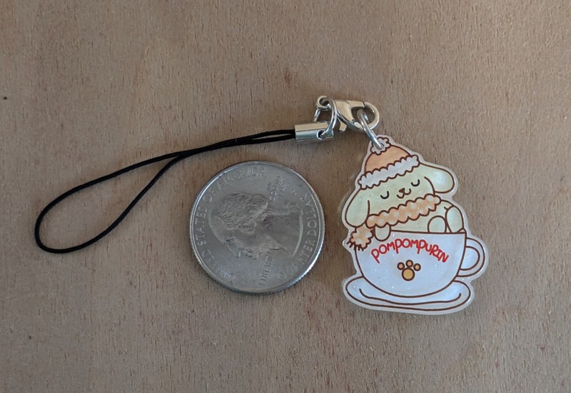 NEW acrylic charm strap ornament lariat --  Pompompurin glitter teacup (4a)