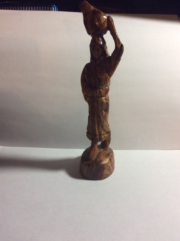 Vintage handcarved wood staue  of lady holding a bowl