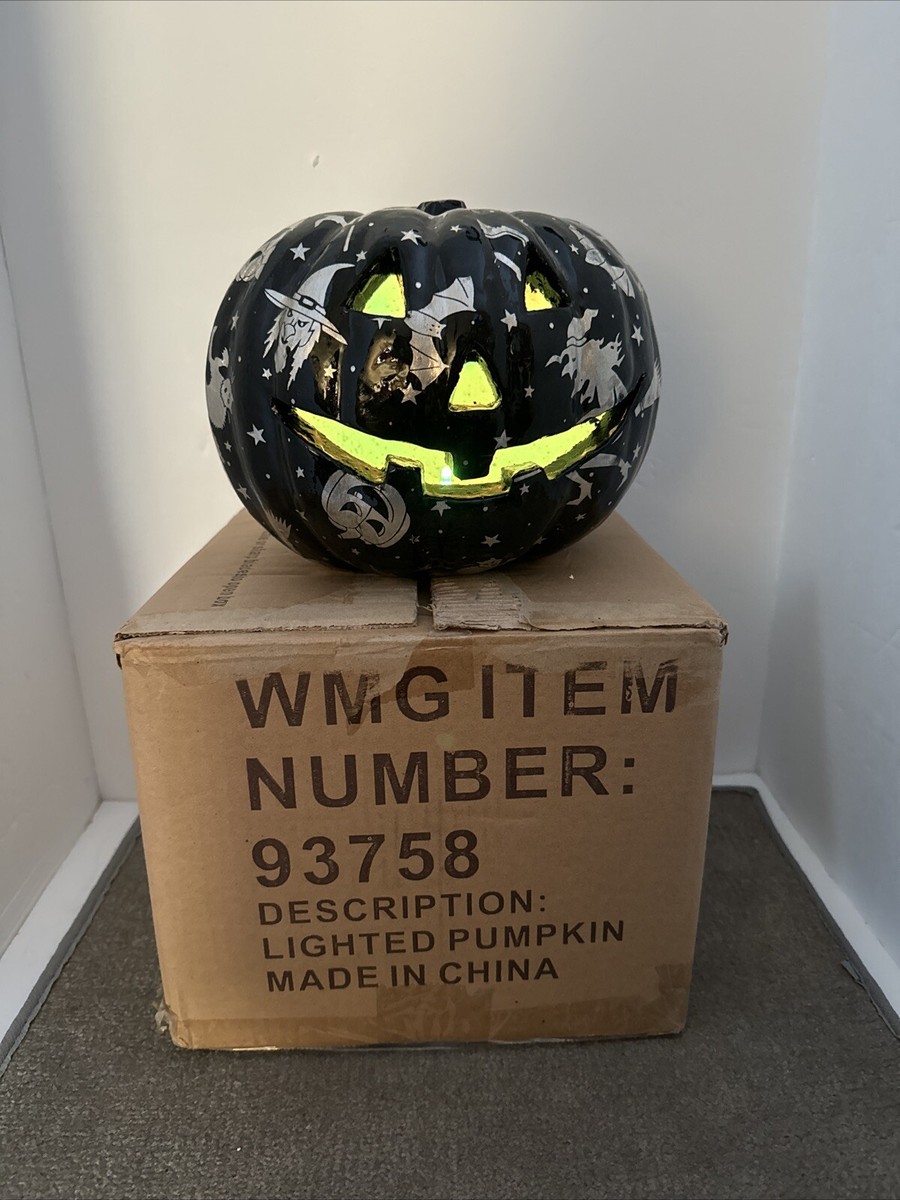 Ceramic Jack O Lantern Light Up Color Changing Black Silver