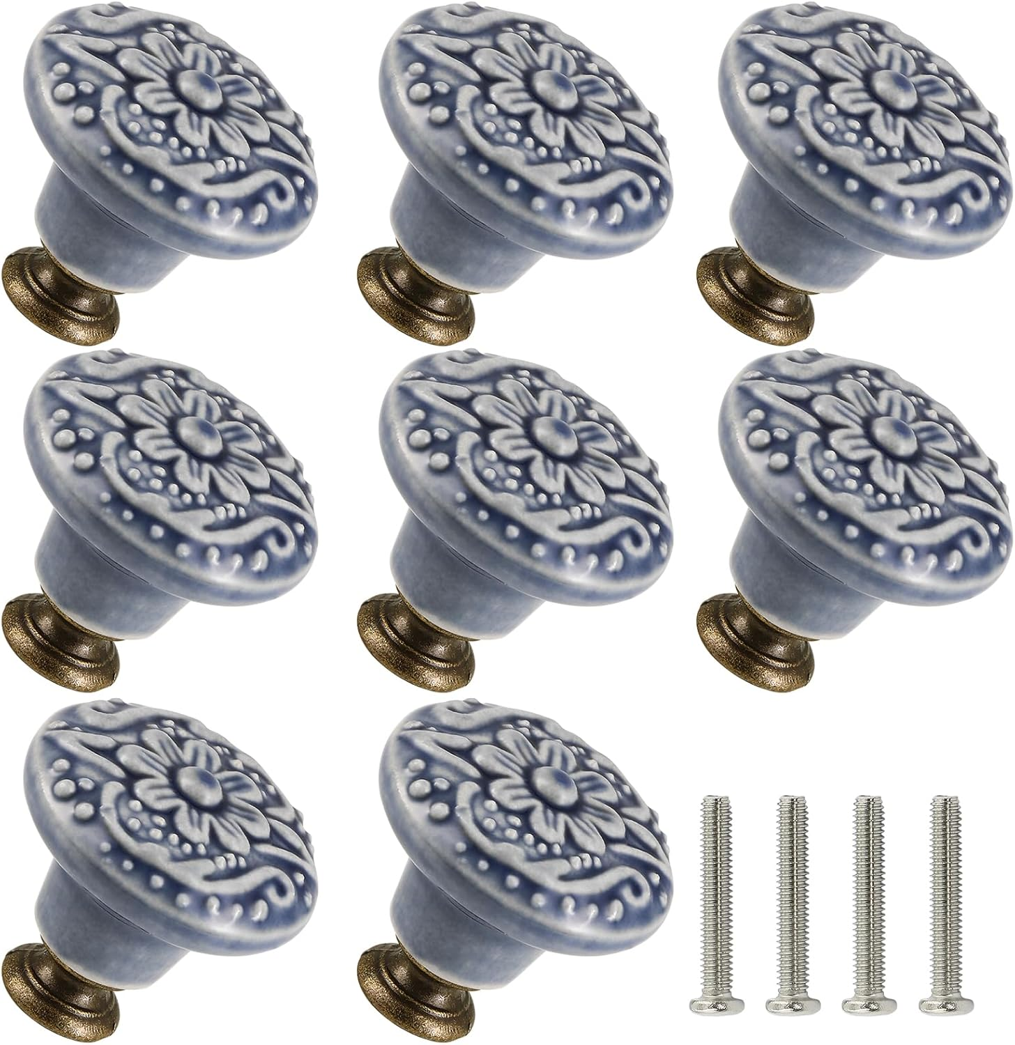 Greyish Blue Ceramic Flower Drawer Pulls - 10 Pack Vintage Cabinet Knobs