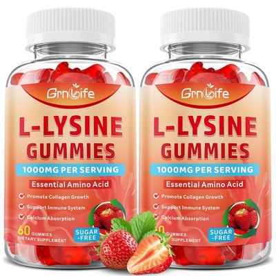 2 Pack L-Lysine 1000mg Gummies, Chewable Lysine Supplement for Adults & Kids, Es
