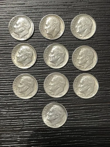 Lot of 10 - Roosevelt 90% Silver Dimes. Circulated