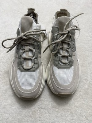 H&M Beige White Gray Mesh Synthetic Low Top Women's Lace Up Athletic Sneakers