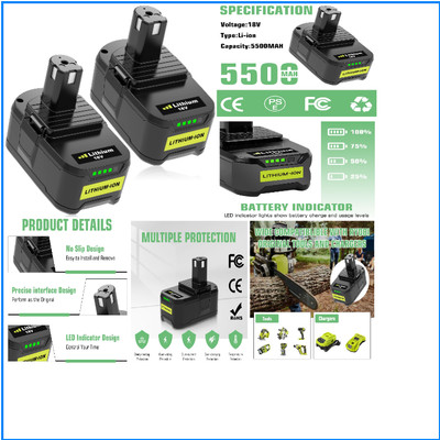 2er Pack 18V Lithium Akku mit LED-Anzeige | Kompatibel mit Ryobi P108 P107