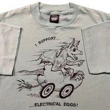VTG Electrical Eggs Screen Stars T-Shirt Men's M Teal Polycotton Dinosaur 1992
