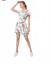 Express Floral White Mini Dress Faux Wrap V-Neck and Flutter Sleeves Size 12 NWT