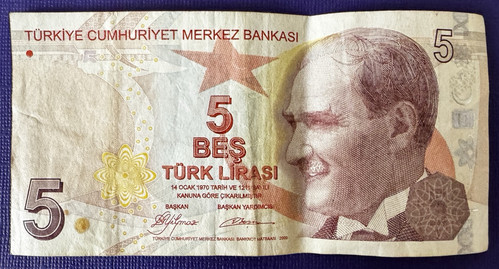 Turkey Turkish 5 Lira Bank Note Aydin Sayili A001 549797 (Used Circulated Cond)