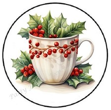 HOLIDAY POINSETTIA BERRIES MUG ENVELOPE SEALS LABELS STICKERS PARTY FAVORS