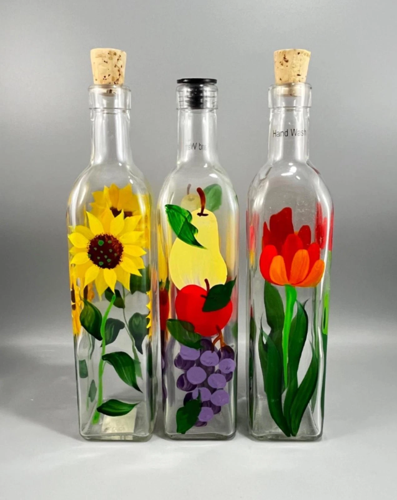 Lot of 3 Hand Painted Glass Olive Oil Vinegar Dispenser Bottles 10.5" Tall
Opens in a new window or