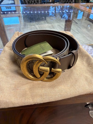 Gucci Men's Brown Logo Pattern Dress Belt Size 40