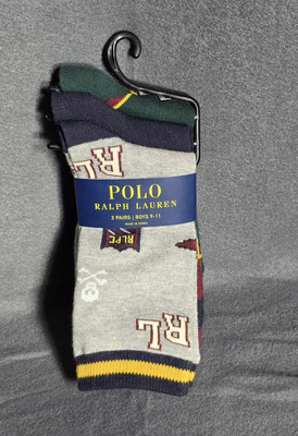 NWT Polo Ralph Lauren Boys Logo Casual Crew Socks 3 Pack 9-11 Assorted