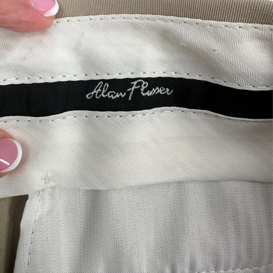 Alan Flusser Golf Beige Pleated Front Cuffed Hem Belt Loops Dress Pants 38 X 30 - Image 3 of 4