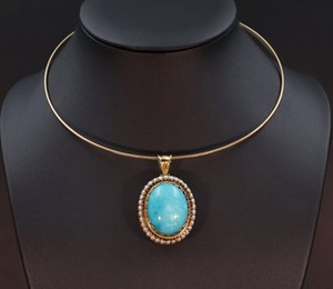 14K Gold Turquois Seed Pearl Converter Pendant Wire Choker Statement Necklace