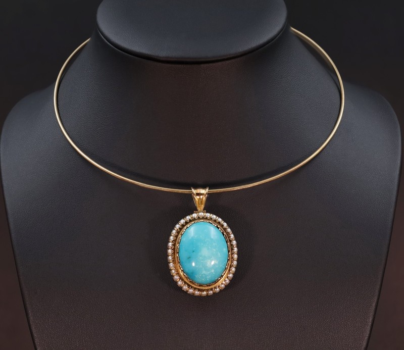 14K Gold Turquois Seed Pearl Converter Pendant Wire Choker Statement Necklace