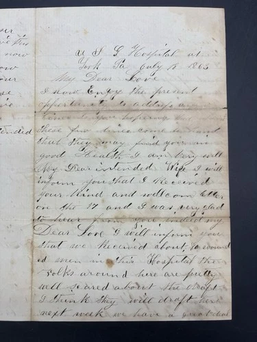July 1863 Letter from York Hospital After Battle of Gettysburg PA Civil War Woun