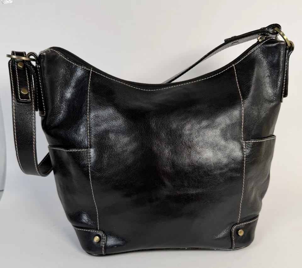 Vintage Etienne Aigner Black Leather Hobo Purse Shoulder Bag Pockets Y2K READ - Image 2 of 4